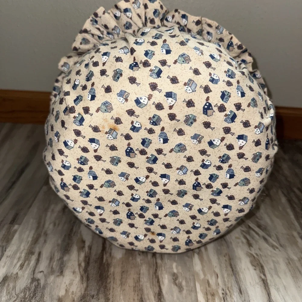Vintage Quilted Cloth Basket Bucket handmade Birdhouse Fabric 8X7 Stains READ